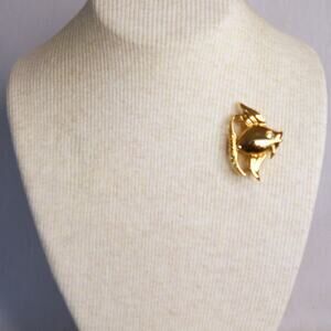 Gold Tone Angel Fish Brooch Clear Rhinestone Eye